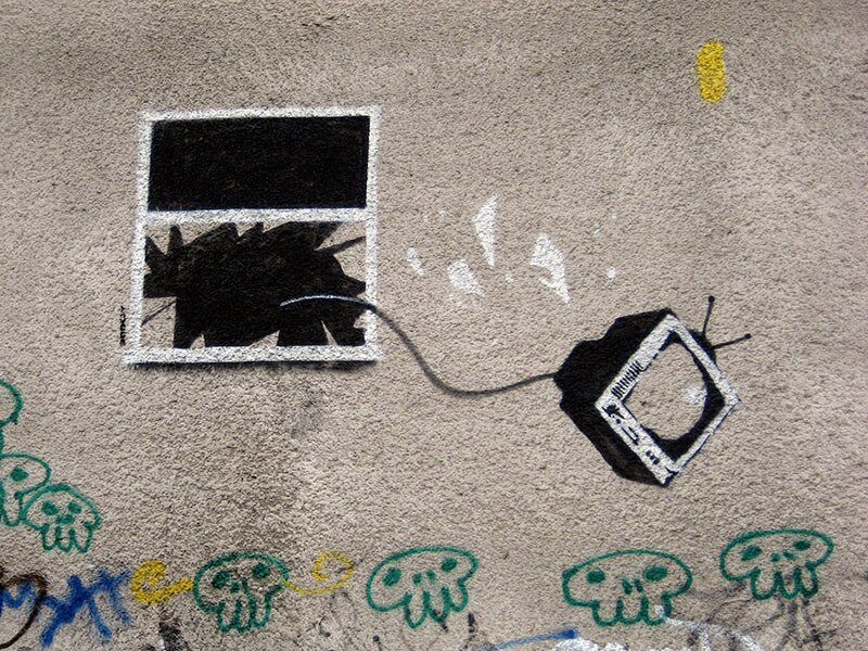 TV Through Window banksy graffiti wallpaper